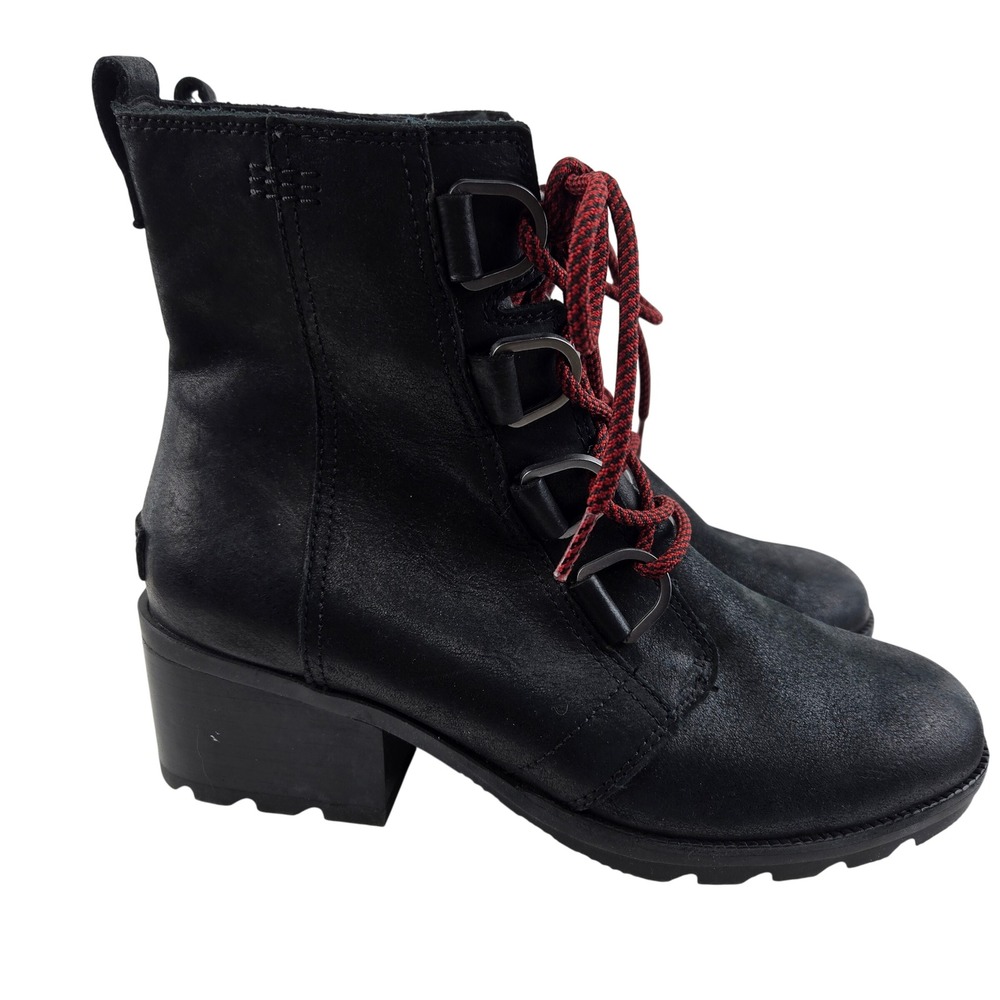 Sorel Cate Waterproof Black Leather Lace Up Block Heel‎ Boots Womens 9 Combat